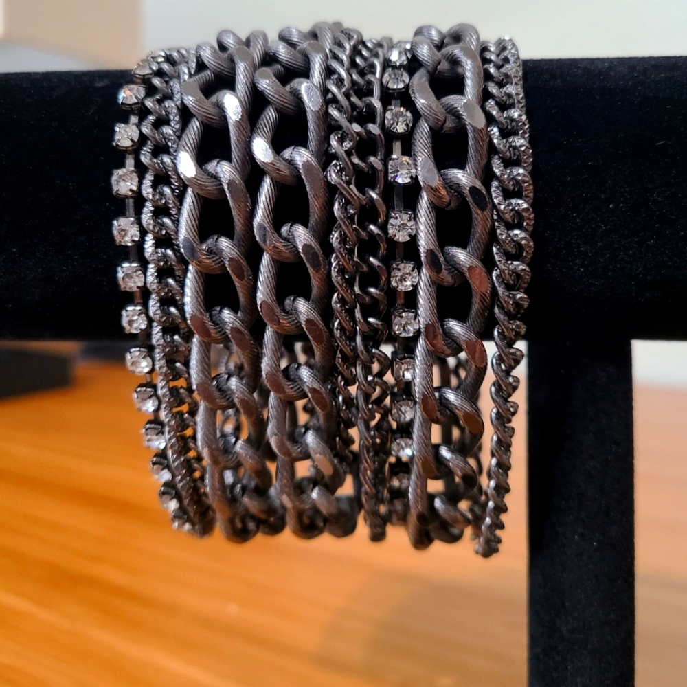 Bebe 2010 Oversized layered multi-strand dark metal with rhinestones bracelet